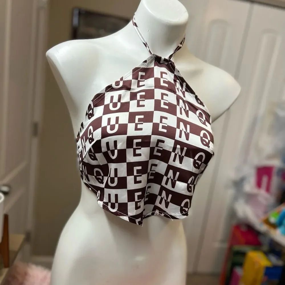 Brown Checkerboard Queen Halter Crop Top Womens Size Small S Handkerchief Rave